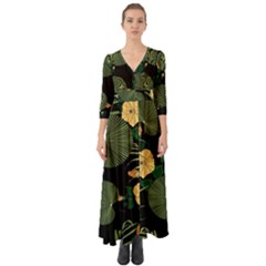 Tropical Vintage Yellow Hibiscus Floral Green Leaves Seamless Pattern Black Background  Button Up Boho Maxi Dress by Sobalvarro