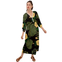 Tropical Vintage Yellow Hibiscus Floral Green Leaves Seamless Pattern Black Background  Grecian Style  Maxi Dress by Sobalvarro