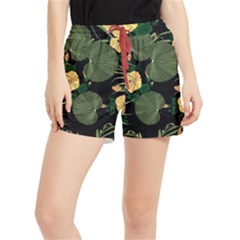 Tropical Vintage Yellow Hibiscus Floral Green Leaves Seamless Pattern Black Background  Runner Shorts by Sobalvarro
