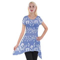 Blue White Ornament Short Sleeve Side Drop Tunic by Eskimos