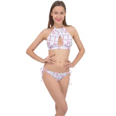 Pink Folk Flowers Cross Front Halter Bikini Set by Eskimos