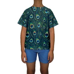 Watercolor Peacock Feather Pattern Kids  Short Sleeve Swimwear by ExtraAwesomeSauce