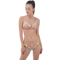 Line Pattern Cross Print Repeat Ring Detail Crop Bikini Set by Dutashop