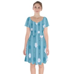 Gardenia Flowers White Blue Short Sleeve Bardot Dress by Dutashop