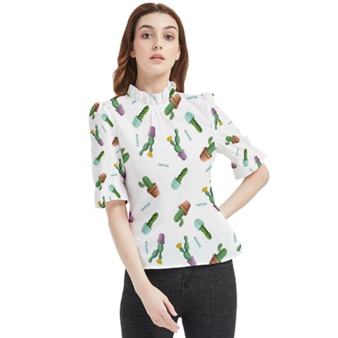 Cacti In Pots Frill Neck Blouse by SychEva
