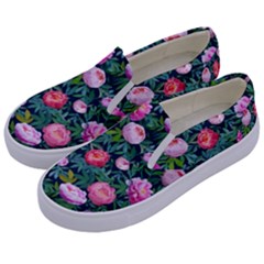 Delicate Watercolor Peony Kids  Canvas Slip Ons by SychEva