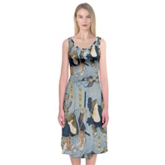 Famous Heroes Of The Kabuki Stage Played By Frogs  Midi Sleeveless Dress by Sobalvarro