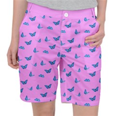 Blue Butterflies At Pastel Pink Color Background Pocket Shorts by Casemiro