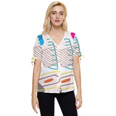 Pastel Abstract Pattern With Beige, Coffee Color Strap Bow Sleeve Button Up Top by Casemiro