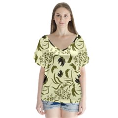 Folk Flowers Art Pattern Floral Abstract Surface Design  Seamless Pattern V-neck Flutter Sleeve Top by Eskimos
