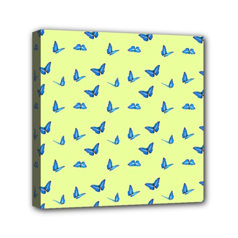 Blue Butterflies At Lemon Yellow, Nature Themed Pattern Mini Canvas 6  X 6  (stretched) by Casemiro