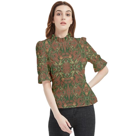 Modern Tropical Motif Print Frill Neck Blouse by dflcprintsclothing