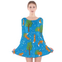 Red Fox In The Forest Long Sleeve Velvet Skater Dress by SychEva