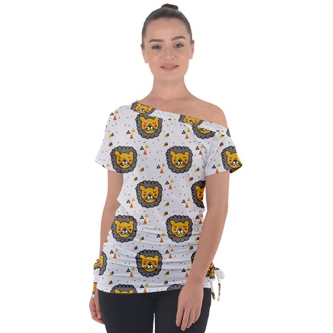 Lion Heads Pattern Design Doodle Off Shoulder Tie-up Tee by Sapixe