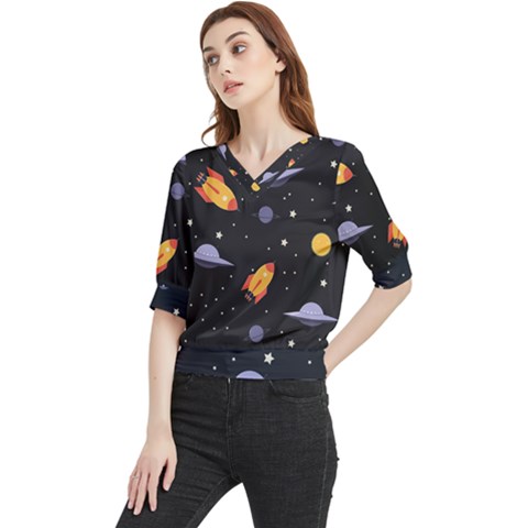 Cosmos Rockets Spaceships Ufos Quarter Sleeve Blouse by Sapixe