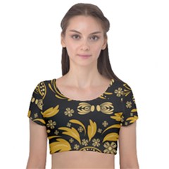 Folk Flowers Pattern Floral Surface Velvet Short Sleeve Crop Top  by Eskimos