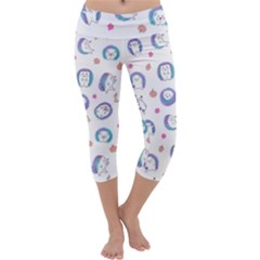 Cute And Funny Purple Hedgehogs On A White Background Capri Yoga Leggings by SychEva