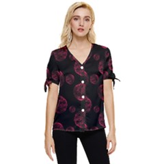 Red Sponge Prints On Black Background Bow Sleeve Button Up Top by SychEva