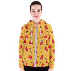 Slices Of Juicy Red Watermelon On A Yellow Background Women s Zipper Hoodie by SychEva