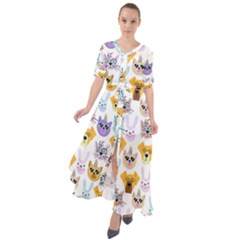 Funny Animal Faces With Glasses On A White Background Waist Tie Boho Maxi Dress by SychEva