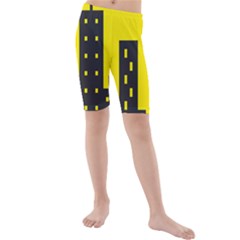 Skyline-city-building-sunset Kids  Mid Length Swim Shorts by Sudhe