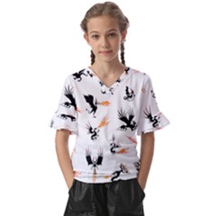 Dragon-phoenix-fire-bird-ancient Kids  V-neck Horn Sleeve Blouse by Sudhe