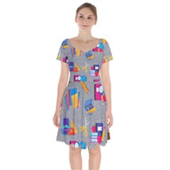 80s And 90s School Pattern Short Sleeve Bardot Dress by NerdySparkleGoth