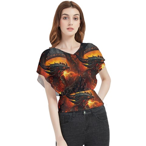 Dragon Fire Fantasy Art Butterfly Chiffon Blouse by Sudhe