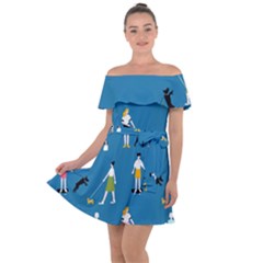 Girls Walk With Their Dogs Off Shoulder Velour Dress by SychEva