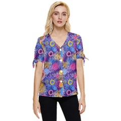 Multicolored Splashes And Watercolor Circles On A Dark Background Bow Sleeve Button Up Top by SychEva