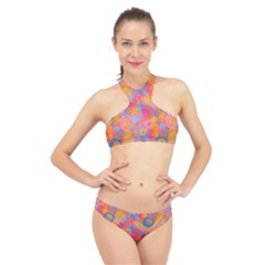 Multicolored Splashes And Watercolor Circles On A Dark Background High Neck Bikini Set by SychEva