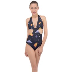 Cosmos Rockets Spaceships Ufos Halter Front Plunge Swimsuit by Amaryn4rt
