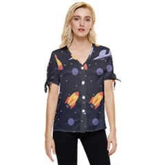 Cosmos Rockets Spaceships Ufos Bow Sleeve Button Up Top by Amaryn4rt