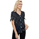 Turquoise Abstract Flowers With Splashes On A Dark Background  Abstract Print Bow Sleeve Button Up Top View3