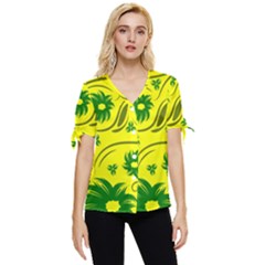 Folk Flowers Pattern  Bow Sleeve Button Up Top by Eskimos