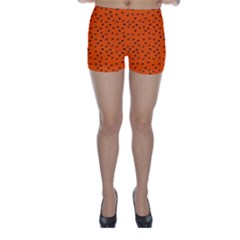 Halloween, Black Bats Pattern On Orange Skinny Shorts by Casemiro