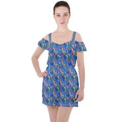 Multicolored Butterflies Fly On A Blue Background Ruffle Cut Out Chiffon Playsuit by SychEva