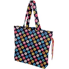 Multicolored Donuts On A Black Background Drawstring Tote Bag by SychEva