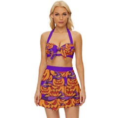 Purple And Orange Pumpkins, Crazy Halloween Pattern, Jack O  Lantern Vintage Style Bikini Top And Skirt Set  by Casemiro