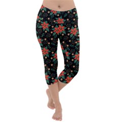Large Christmas Poinsettias On Black Lightweight Velour Capri Yoga Leggings by PodArtist