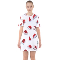 Red Christmas Hats Sixties Short Sleeve Mini Dress by SychEva