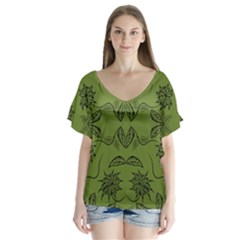 Floral Folk Damask Pattern Fantasy Flowers Floral Geometric Fantasy V-neck Flutter Sleeve Top by Eskimos