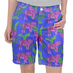 Pink Tigers On A Blue Background Pocket Shorts by SychEva