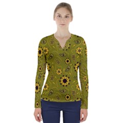 Floral Pattern Paisley Style  V-neck Long Sleeve Top by Eskimos