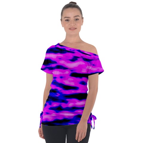Purple  Waves Abstract Series No6 Off Shoulder Tie-up Tee by DimitriosArt