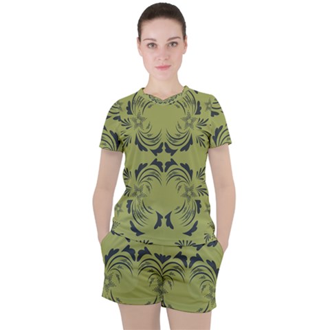 Floral Folk Damask Pattern Fantasy Flowers  Women s Tee And Shorts Set by Eskimos