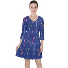 Christmas Candy Canes Quarter Sleeve Ruffle Waist Dress by SychEva