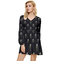 Creepy Head Sculpture With Respirator Motif Pattern Tiered Long Sleeve Mini Dress by dflcprintsclothing