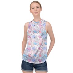 Notepads Pens And Pencils High Neck Satin Top by SychEva