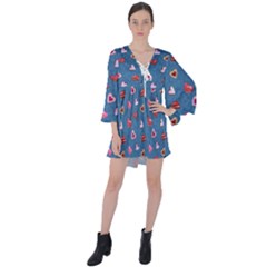 Sweet Hearts V-neck Flare Sleeve Mini Dress by SychEva